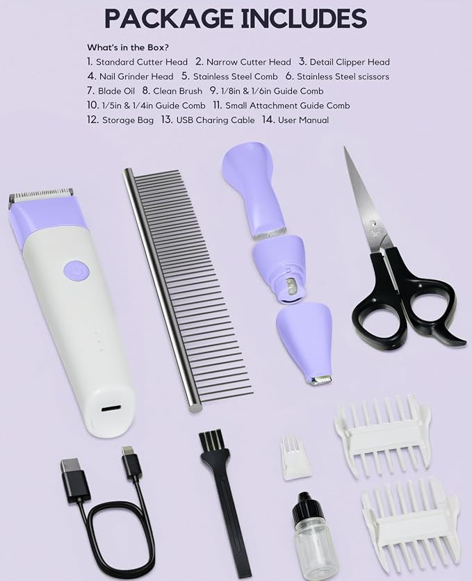 Dog Clippers Grooming Kit, 4 in 1 Quiet Cordless Dog Paw Trimmer & Nail Grinder, Small Cat Clippers Electric Rechargeable Low Noise Pet Shaver for Trimming Hair on Paw Eye Ear Face (Purple) | Quiet Cordless Dog Hair Trimmer for Paw Nail Grinder, Cat Gr...