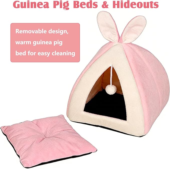 Fhiny Rabbit Bed Cave Cozy Guinea Pig Hideout Cute Bunny Bed Large House Winter Nest Dwarf Rabbit Cage Accessories for Chinchilla Ferret Hedgehog or Other Small Animals（Pink）