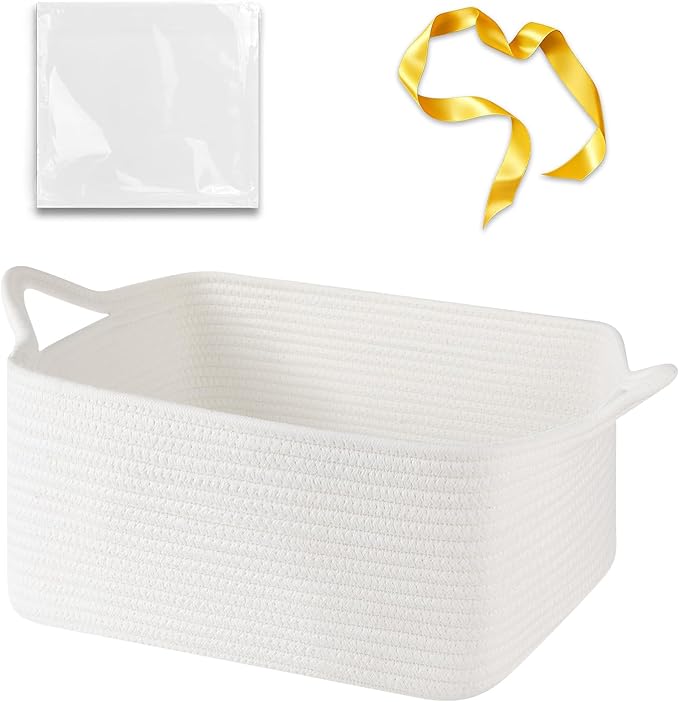 OIASKET Empty Gift Baskets for Baby Shower, 15.4"L x 11.4"W x 6.7"H Cute Woven Storage Basket with Gift Bags and Ribbons, Small Rope Toy Basket with Handles, Cat Dog Pet Toy Organizer - Small White