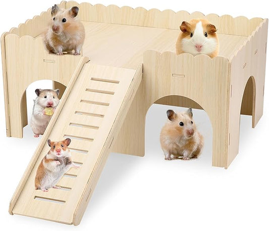 Large Guinea Pig Hideout,14.96 X 9.45 X 7.09in Wooden Hamster House with Stair Stable Guinea Pig House for Squirrel Hamster Small Animal