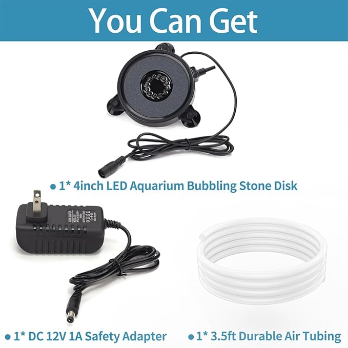 DaToo Aquarium LED Air Bubble Stone Disk Bubble Light 4 Inch with 6 Dazzle Color LEDs Fish Tank Oxygen Bubble LED Light Color Auto Changing with 3.5ft Air Tubing