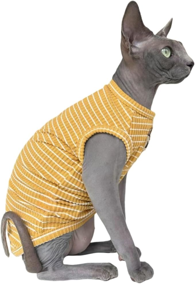 Ginger Stripe Sphynx Cat Vest Clothes for Hairless Cat T-Shirt Apparel | Sleeveless, Rib Knit, Thin for Summer, Cotton Blend