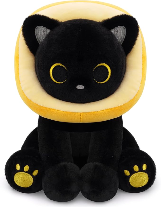 Black Cat Plush - 8inches Cat Stuffed Animal with Removable Toast Bread Hood, Cute Plushie Soft Kitten Doll Toy for Kids Boys Girls, Birthday Gifts