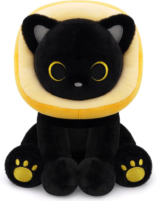 Black Cat Plush - 8inches Cat Stuffed Animal with Removable Toast Bread Hood, Cute Plushie Soft Kitten Doll Toy for Kids Boys Girls, Birthday Gifts