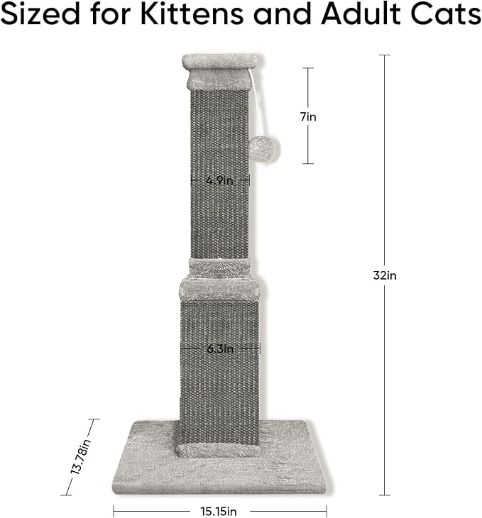 Cat Scratching Post, 32 Inch Cat Scratching Posts for Large Cats, Scratching Posts for Indoor Cats Adults, Cat Scratch Post with Nature Sisal, Full Gray