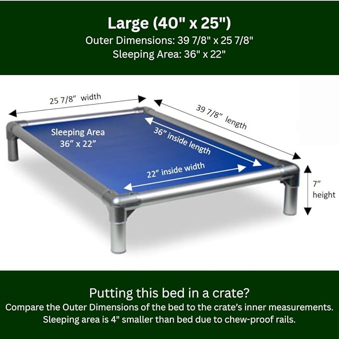 Kuranda Chewproof Elevated Dog Bed - Silver Aluminum - 40" x 25" - Heavy Duty Vinyl - Royal Blue