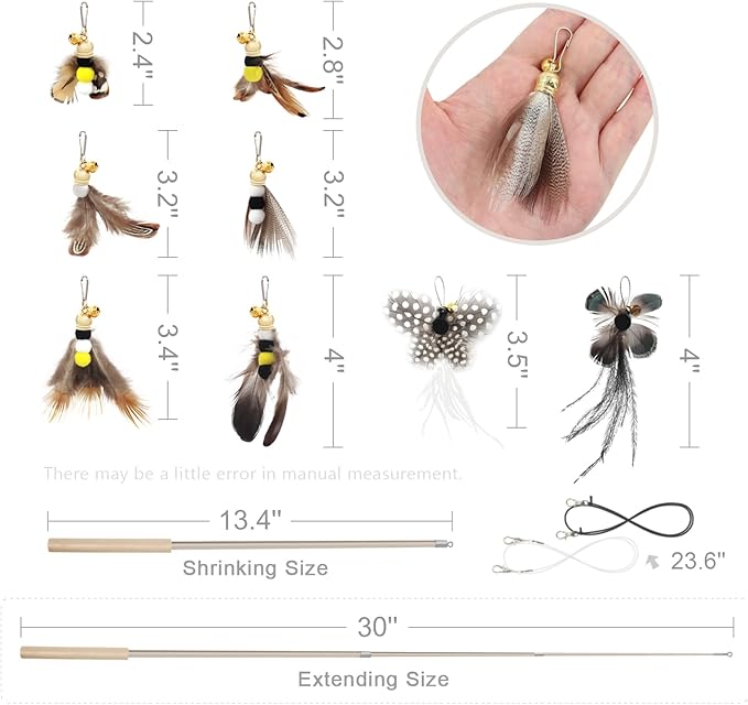 SONGWAY Cat Teaser Wand Toy - 9 Piece Retractable Set, Insect Worm Replacement Teaser with Bell, Interactive Cat Toy for Indoor Kittens