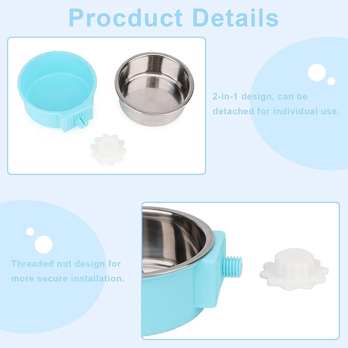 Crate Dog Bowl,Removable Stainless Steel Kennel Water Hanging Food & Water Feeder Crate Water Bowl No Spill for Puppy,Cat,Rabbit,Guinea Pig (Blue)
