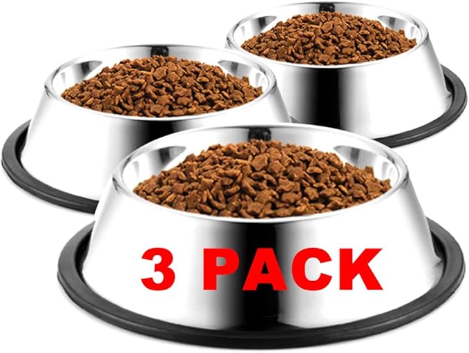 WEDAWN Stainless Steel Dog Bowls, 1.5 Cup/12oz Cat Bowl Water and Food with Rubber Base, Pet Bowls for Small Dogs, Cats, Puppy, Rabbit and Kitten, 3Pack