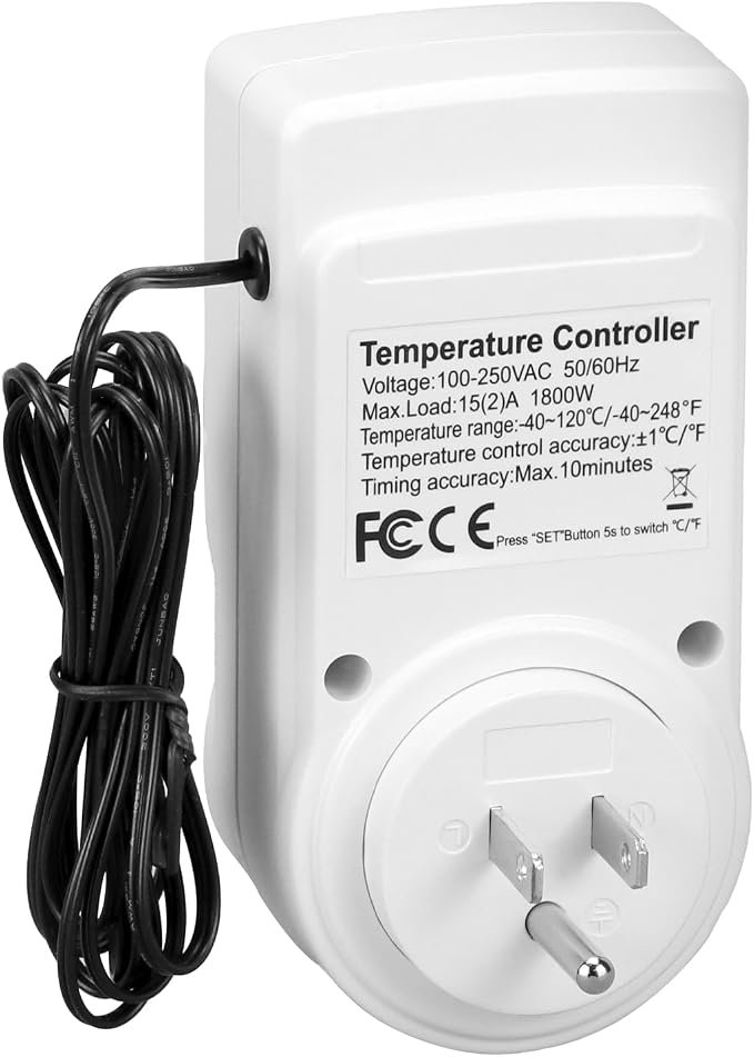 QWORK Digital Thermostat Outlet Plug Temperature Controller Socket - 120V, 15A Max, Heating Cooling Control, No Back Light