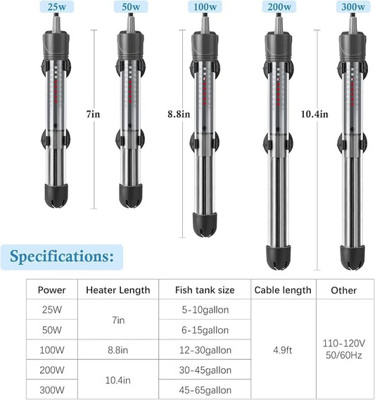 HITOP 50W Adjustable Aquarium Heater, Submersible Fish Tank Heater Thermostat with Suction Cups for 6-15Gal