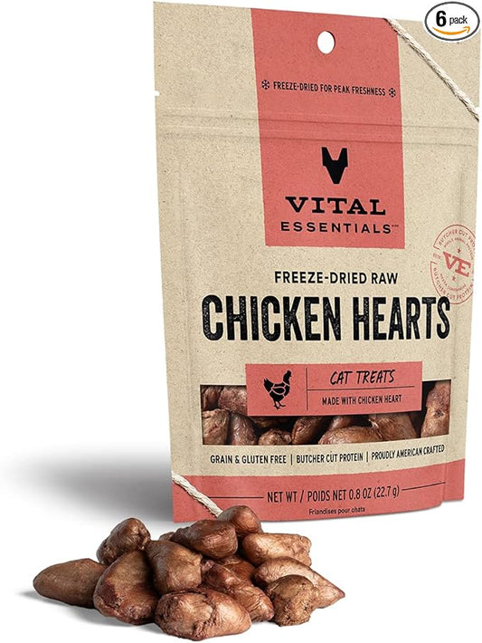 Vital Essentials Cat Treats, Chicken Hearts, Freeze Dried | Single Ingredient | 0.8 OZ | Pack of 6