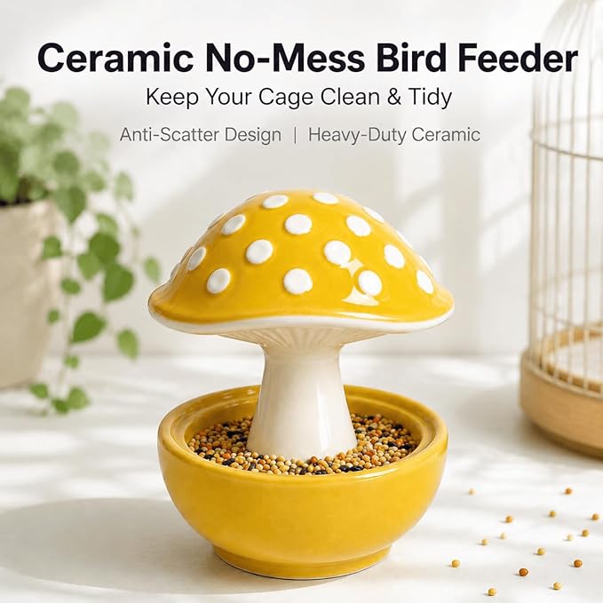 Cute Mushroom Ceramic Bird Water Dispenser & Seed Bowl, Premium Glazed Anti-Dust Feeding Dish for Small Parrots, Conures, Hamsters, Heavy Duty Cage Accessory