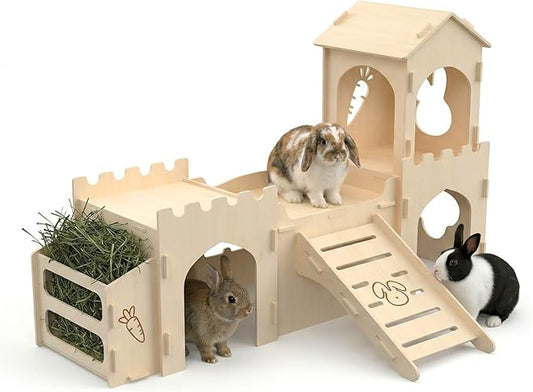 Wooden Rabbit House Extra Large 2-Level Bunny Hideout for Indoor Pets, Castle with Feeder & Stair