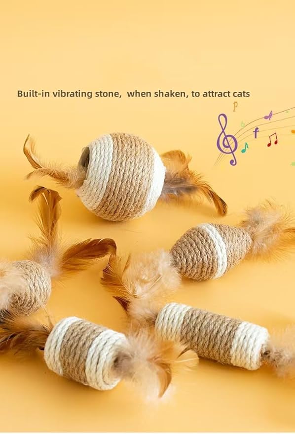 3 Pack Cat Mice Toys with Feather Tail Rattling Noise Sound Natural Sisal Cat Balls Toys Teeth Cleaning Dental Chew Toys Interactive Cat Mice Toy Mice Cat Toys for Indoor Cats