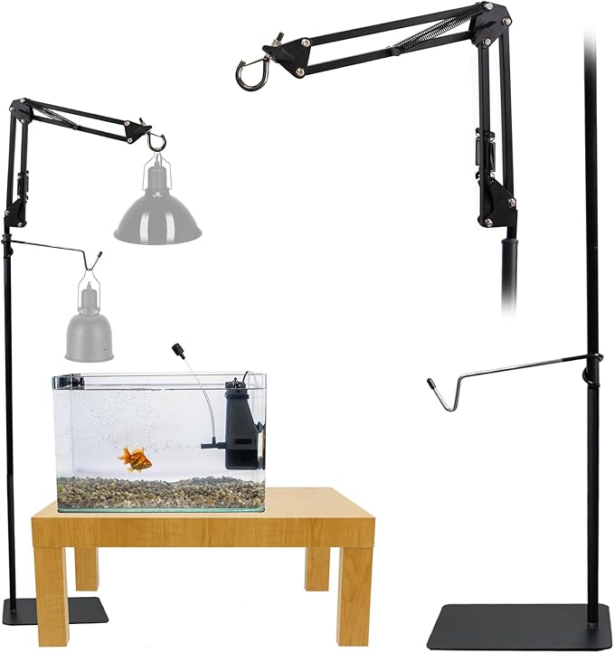 Reptile Heat Lamp Stand Adjustable Height 15.7-65.7 Inch Double Hooks Floor Light Holder with 360° Swing Arm and Phone Bracket for Reptile Glass Terrarium Heating Light, Black