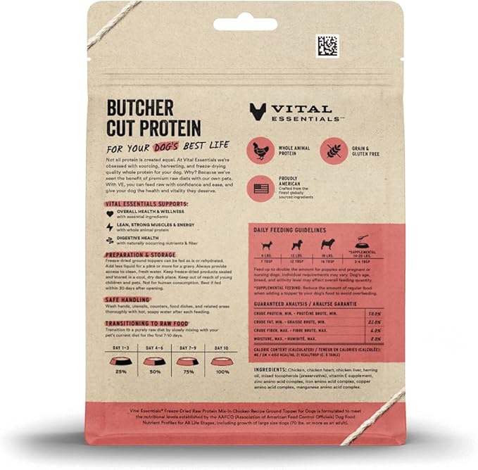 Vital Essentials Freeze Dried Dog Food Topper, Raw Chicken Ground Topper for Dogs | High Protein, Grain Free Dry Dog Food Mix-in | 6 oz Bag