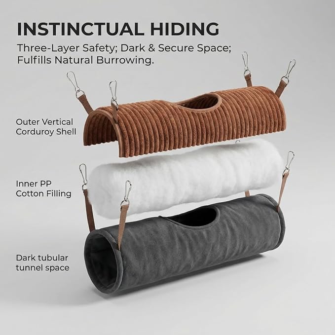 Hanging Ferret Tunnel Hammock, Warm Plush Dwarf Hamster Hideout Bed with Metal Hooks, Washable & Foldable for Hedgehog (Purple)