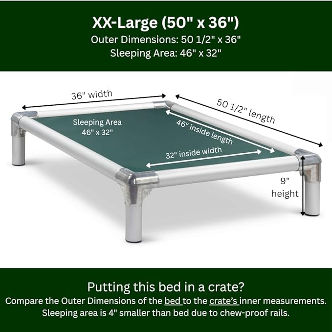 Kuranda Chewproof Elevated Dog Bed - Silver Aluminum - 50" x 36" - Heavy Duty Vinyl - Forest