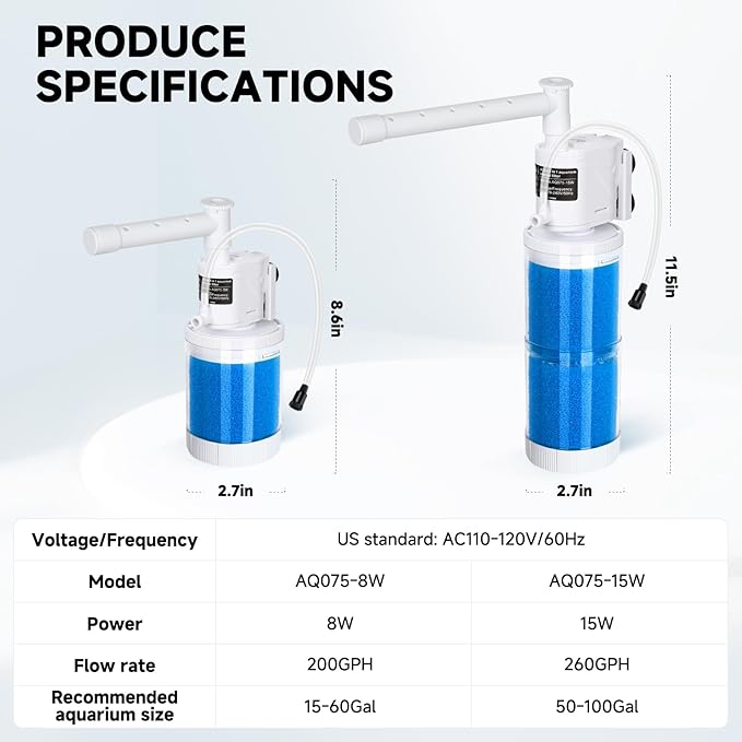 AQQA Submersible Aquarium Filter Whisper Fish Tank Filters Adjustable Internal Power Filter for 50-100 Gallon Water Filtration/Circulation/Oxygenation (15W，260GPH)