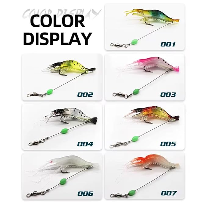 7-Pack Glow Shrimp Fishing Lures – Pre-Rigged Soft Saltwater Bait with Hooks & Beads – Lumobait for Halibut, Flounder, Rockfish, Lingcod