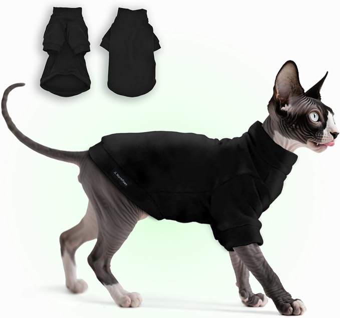 Sphynx Cat Clothes Fleece Cats&Small Dogs Pullover Sweater | Soft warm fleece, covers belly. Stretchy, easy on. Washes well. For small dogs & cats: daily walks, naps, AC rooms.
