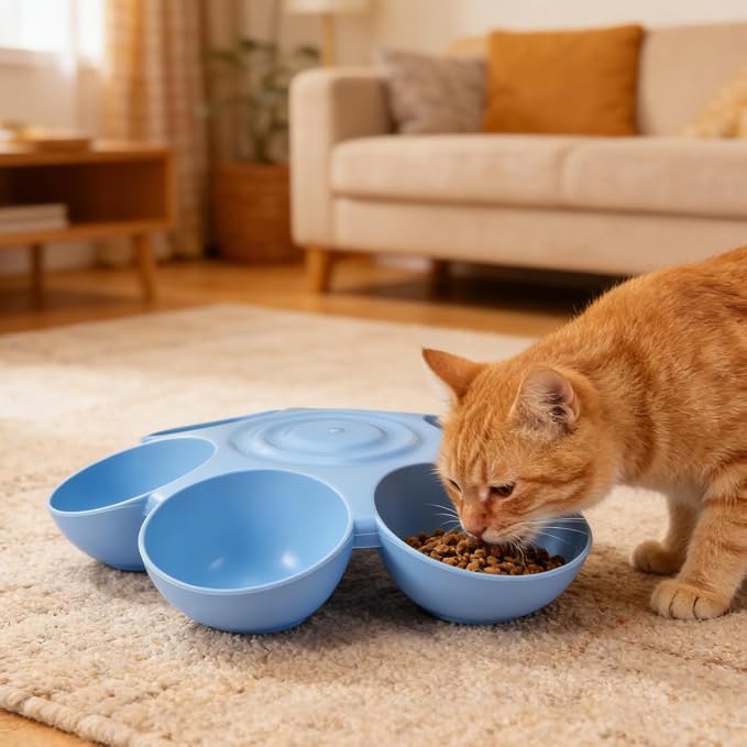 POPETPOP Cat Food Bowl with 6 Bowls - Pet Feeder for Multi Cat Kitten Puppy | Non-Toxic Plastic Multi Cat Dishes with Stable Base, Multiple Dinner Feeder for Outdoor Indoor Food & Water Feeding (Blue)
