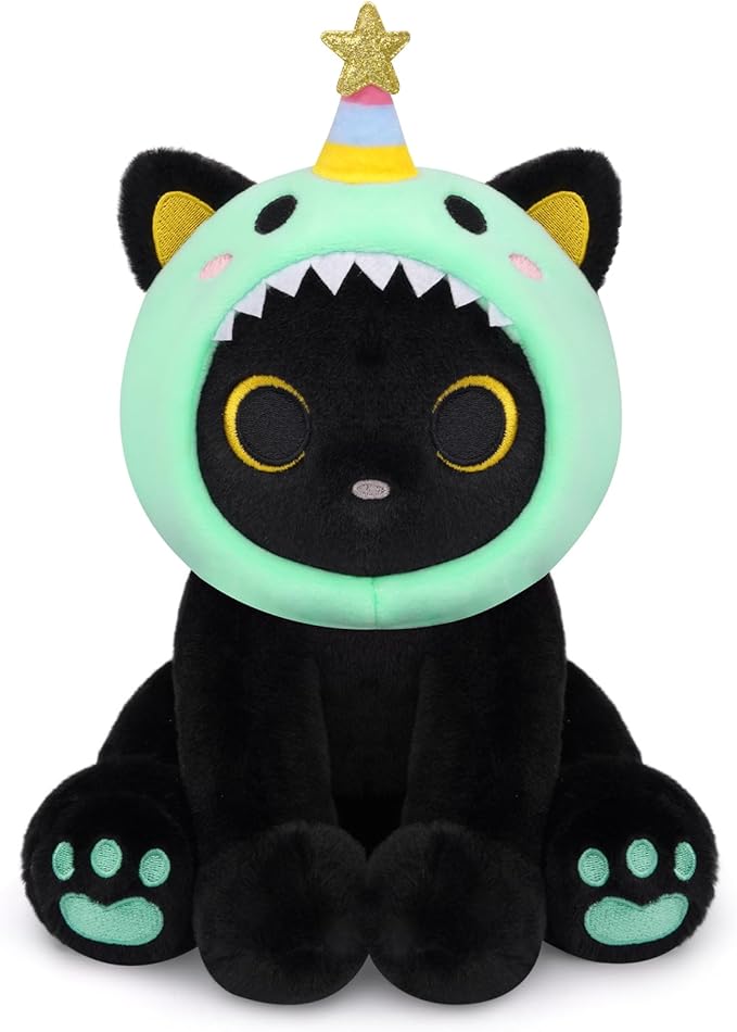 Dinosaur Plush, 8inches Black Cat Plush with Green Dino Plushie Hood Removable, Cute Plushies Shiny Dinosaur Stuffed Animal Doll Toy Birthday Gifts for Kids Boys Girls