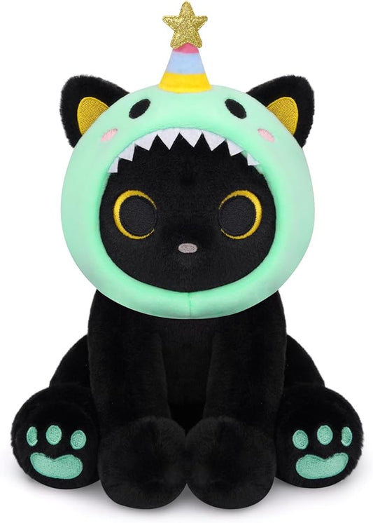 Dinosaur Plush, 8inches Black Cat Plush with Green Dino Plushie Hood Removable, Cute Plushies Shiny Dinosaur Stuffed Animal Doll Toy Birthday Gifts for Kids Boys Girls