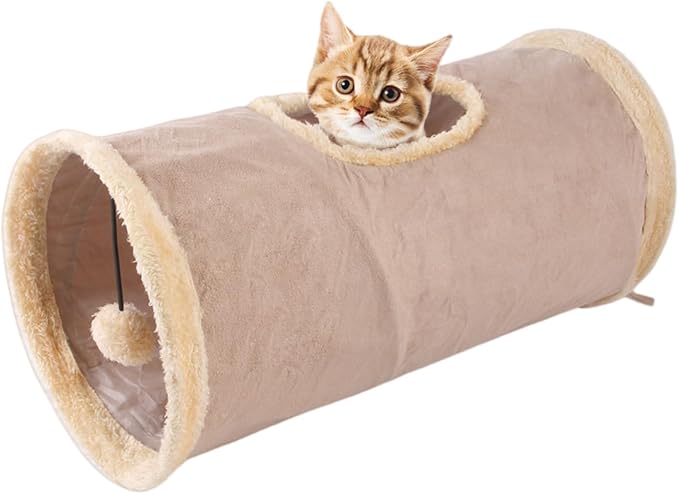Cat Tunnel,Indoor Cat Play Tube Toys with Play Ball,Durable Collapsible Rabbit Hideaway Tunnel for Kitten,Bunny, Guinea Pig, Rat, Hamster, Ferret, Chinchilla (Khaki)