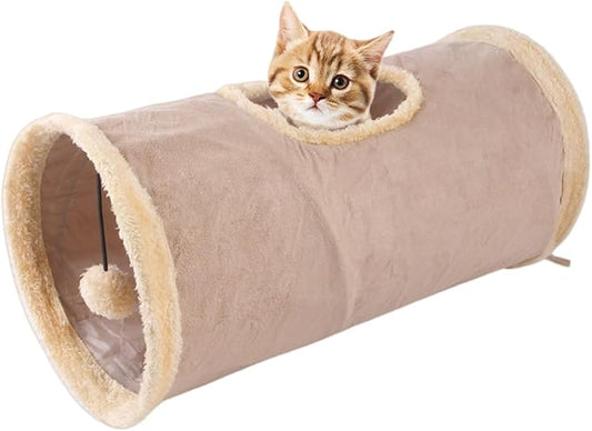 Cat Tunnel,Indoor Cat Play Tube Toys with Play Ball,Durable Collapsible Rabbit Hideaway Tunnel for Kitten,Bunny, Guinea Pig, Rat, Hamster, Ferret, Chinchilla (Khaki)