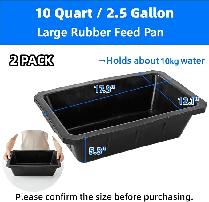Cididu 2 Pack Rubber Feeder Pan, 10 Quart Large Horse Trough Feeder Bucket, Heavy Duty 2.5 Gallon Chicken Dust Bath Tub Water Bowl for Pig Goat Dog Cat Farm Livestock Animal Feeding, Rectangular