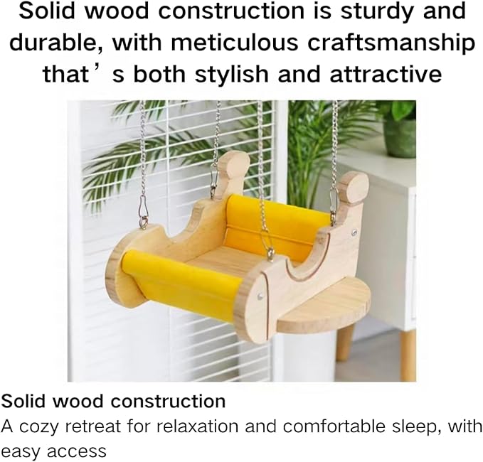 Small Animal Wood Hideout, Wooden Swing Hammock for Chinchilla, Cute Airplane-Shaped, Hanging Cage Accessory with Felt Fence, Small Pet Play Bed for Squirrel Rat, Interactive Enrichment Toy