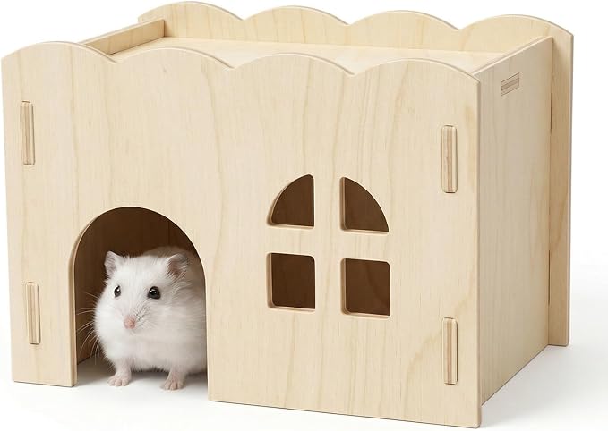 Wood Guinea Pig Hideout, Wooden Guinea Pig House Chew-Safe Hamster Hideout Hamster Explorer for Gerbils Hamsters Small Pets