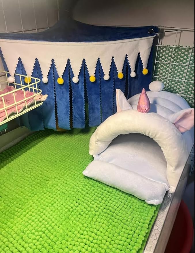 OMEM Guinea Pig Corner Hideout Fringed Triangle House with Hidden Hammock Tent for Hamster Rabbit Small Pet Habitat Décor (Blue)
