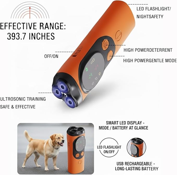 Upgraded Triple-Head Ultrasonic Dog Barking Deterrent Device - 33ft Range Handheld Anti Bark Training Tool - Rechargeable Sonic Bark Stopper for Small Medium Dogs, Age 6+ Months (Orange)