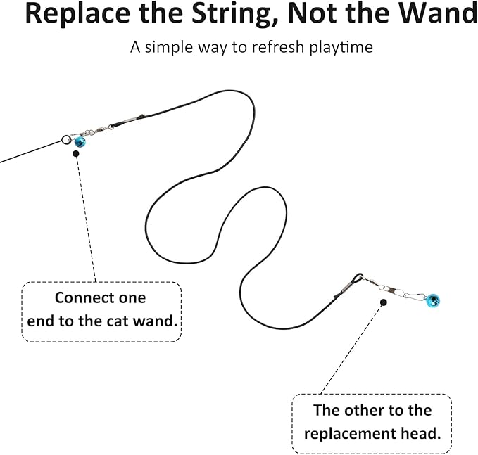 Cat Wand Refill Strings,4 pcs Replacement Strings for Cat Wand Toy (2 Stretchy Nylon + 2 Premium Fishing Lines) Built-in Bells & Lobster Clasps Fits All Toys to Enhance Interactive Playtime