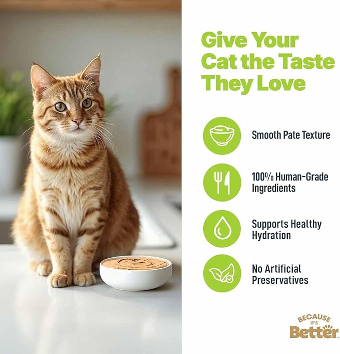 Because It’s Better Pate Complete Meal - Wet Cat Food - Real Chicken Recipe - Organic, Balanced, Smooth Pate Texture, Human-Grade Ingredients, Grain Free, 2.6 oz Pouches (12 Count)