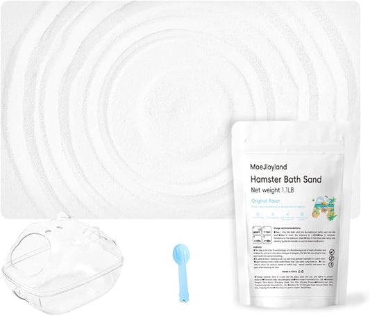 Hamster Sand Bath - Whit Fine Sand Hamster Bedding Reptile Silica Sand Gerbil Hideout for Hamster Chinchillas Gerbil Small Animals Small Pets (White, 1.1 lb + M Hamster Bathtub + Scoop)
