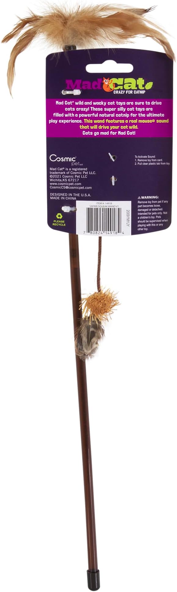Mad Cat Safari Squeak Interactive Teaser Wand Cat Toy with Catnip, 1 Pack | Dangle and swish to spark chasing, pouncing and playful exercise for felines, audible fun during active daily play sessions