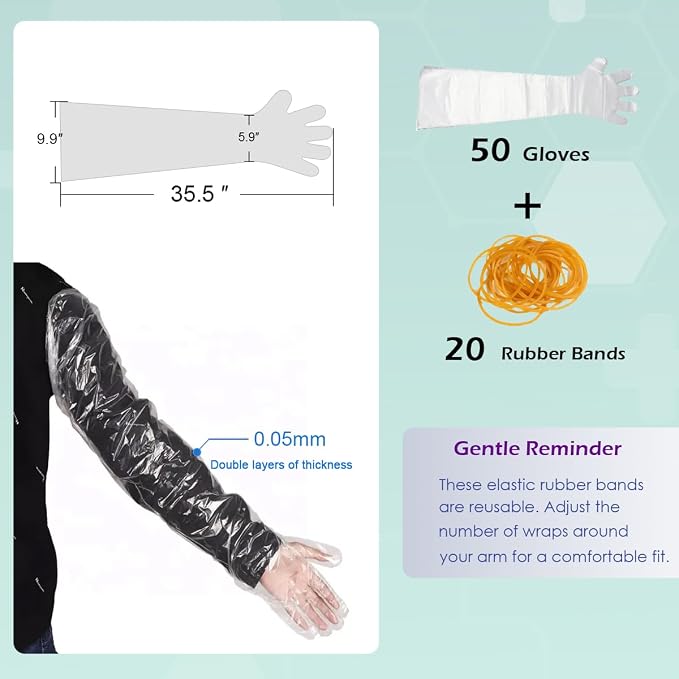 50 Pcs Disposable Long Gloves Full Arm Shoulder Length 35.5 Inch Plastic Dressing Gutting Gloves for Field Dressing House Cleaning Gardening (Come with 20 Free Rubber Bands)
