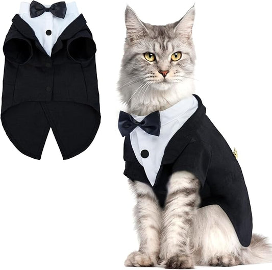 QBLEEV Cat Tuxedo Outfit with Bow Tie, Sphynx Cat Costume Formal Suit Wear | Soft breathable, stylish hairless clothes for cats only, kitten wedding birthday party shirt apparel for male boy