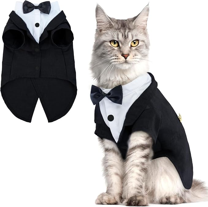 QBLEEV Cat Tuxedo Outfit with Bow Tie, Sphynx Cat Costume Formal Suit Wear | Soft breathable, stylish hairless clothes for cats only, kitten wedding birthday party shirt apparel for male boy