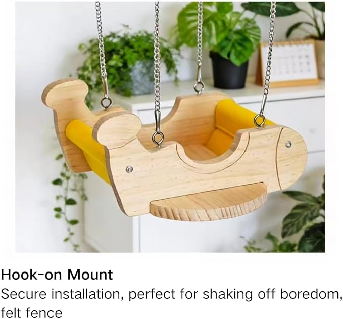Small Animal Wood Hideout, Wooden Swing Hammock for Chinchilla, Cute Airplane-Shaped, Hanging Cage Accessory with Felt Fence, Small Pet Play Bed for Squirrel Rat, Interactive Enrichment Toy