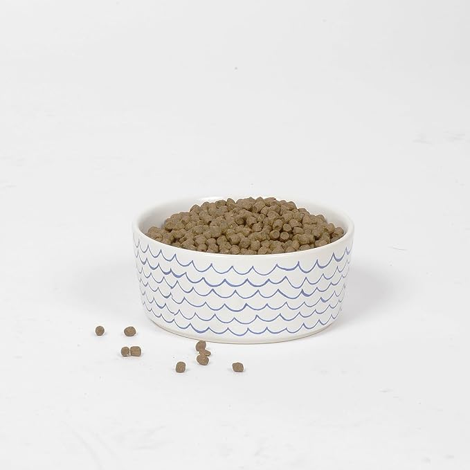 Waggo Ceramic Dog Bowl – Blue & White Wave Pattern Pet Food & Water Bowl – Durable, Dishwasher Safe Modern Dog Dish (Large)