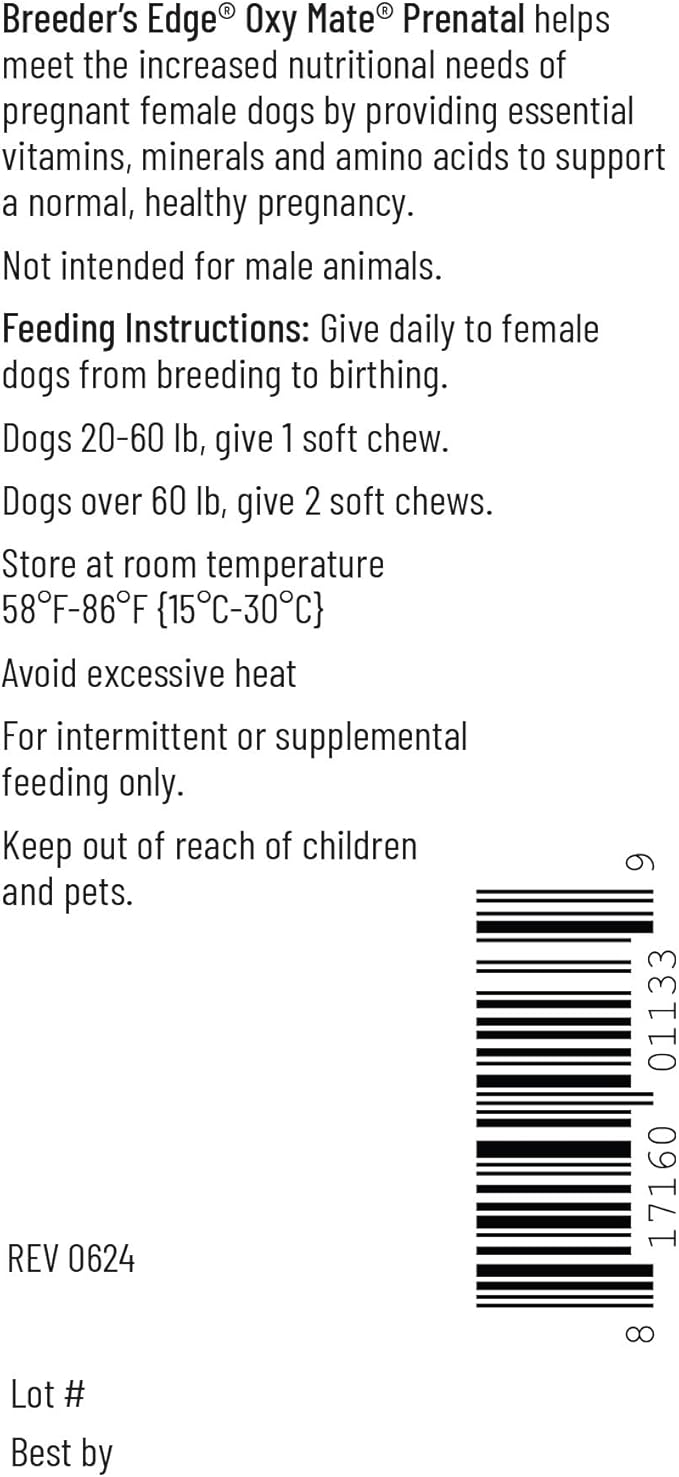 Breeder's Edge Oxy Mate Dog Prenatal Vitamins, Comprehensive Supplement for Pregnant Dogs and Cats Enriched with Essential Nutrients for Healthy Moms & Litters, Soft Chews - 60ct Medium & Large Dog