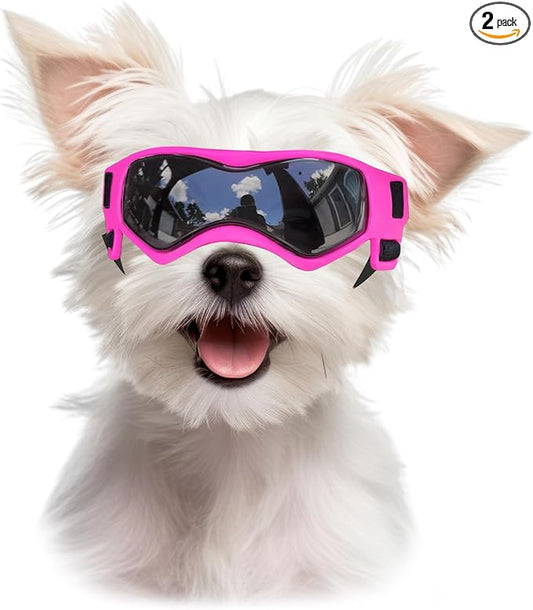 Dog Goggles Dog Sunglasses for Small Breed UV Protection Windproof with Adjustable Head Straps Chin Straps for Ride Car/Hiking Travel/On Beach-Pink