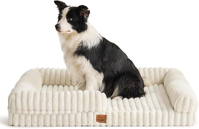 ChiXnuggle Orthopedic Dog Bed with Bolster Sides for Sleeping, Fluffy Plush Rectangular XL Dog Bed, Luxury Striped Faux Fur Waterproof Dog Couch with Removable Washable Cover, Cream