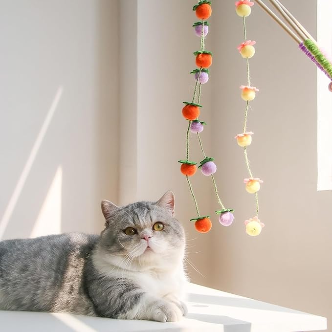 Cat Wand Toy with Bell – Bamboo Cat Teaser Stick for Playful Cats – Orange Persimmon