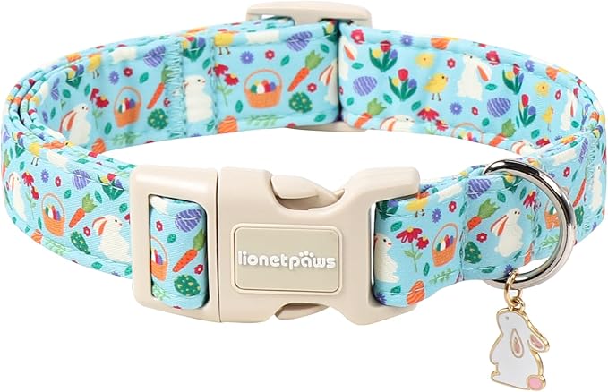 Lionet Paws Easter Dog Collar- Cute White Easter Bunny Blue Dog Collars with Plastic Buckle, Light Small Dogs Collars with Osterhase Pendant